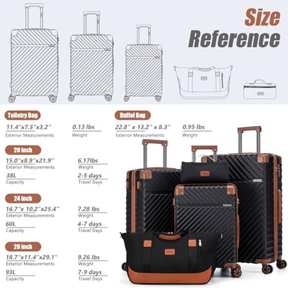 Cosbarn Luggage Sets 5 Piece with TSA Lock Spinner Wheels, Unisex Hard Case ABS Suitcase Set, Hardshell Lightweight Waterproof Travel Hardside Suitcases with Wheels for Women Men, Black - color: Black, size: 5 Piece Sets (20/24/28/Db/Tb)