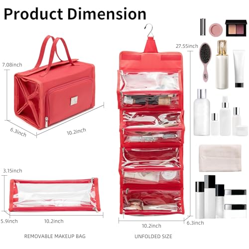 ROYALFAIR Roll Up Makeup Bag, Travel Toiletry Bag for Women with 4 Clear TSA Approved Pouches, Hanging Travel Organizer, Folding Cosmetic Bag for Men and Women (Red) - color: Red