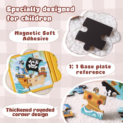 Magnetic Puzzles for Toddlers 3-5 Years, 3 in 1 Vehicle & Adventure Toys with 9/16/25 PCS, Travel Activity for Boys and Girls, Preschool Puzzle Game with Pirate Ship, Digger, Fire Truck - color: Yellow