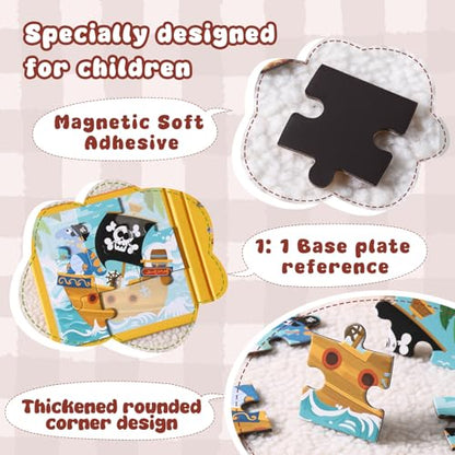 Magnetic Puzzles for Toddlers 3-5 Years, 3 in 1 Vehicle & Adventure Toys with 9/16/25 PCS, Travel Activity for Boys and Girls, Preschool Puzzle Game with Pirate Ship, Digger, Fire Truck - color: Yellow