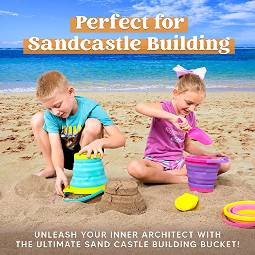 JOYIN Foldable Beach Bucket Set - 3 Packs Collapsible Toy Buckets with Shovels and Mesh Backpack for Kids Toddlers Party, Camping Gear, Travelling, Fishing Water Pail (Pink/Purple/Green) - color: Pink/Purple/Green