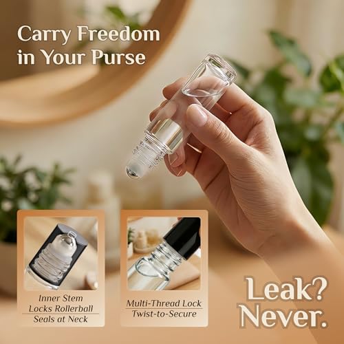 PrettyCare 4 Pack, 10 ml Essential Oil Roller Bottles with Stainless Steel Roller Ball - Refillable Leak-proof Empty Thick Clear Glass Roll on Bottles with Black Caps for Travel, Perfume - color: Clear with Black Cap, size: 4 Pack