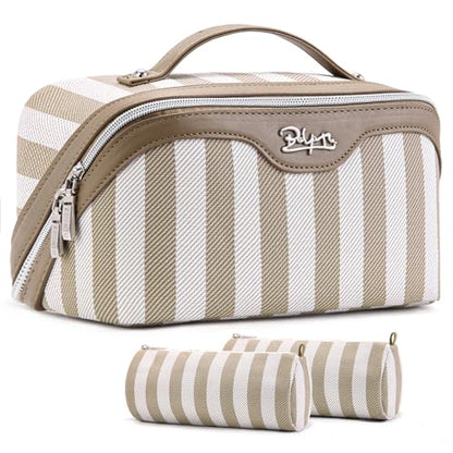 BOYATU Travel Makeup Bag Cosmetic Bag for Women: 3 Pcs Set Striped Make up Bag with Compartment - Waterproof Vegan Leather Toiletry Bag with Handle - Makeup Organizer for Travel Essential(A-6-Apricot) - color: A-6-Apricot