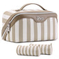 BOYATU Travel Makeup Bag Cosmetic Bag for Women: 3 Pcs Set Striped Make up Bag with Compartment - Waterproof Vegan Leather Toiletry Bag with Handle - Makeup Organizer for Travel Essential(A-6-Apricot) - color: A-6-Apricot