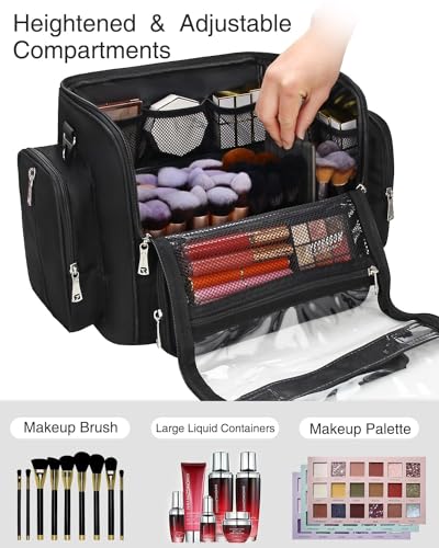 NAONAYA Makeup Brush Bag Extra Large Makeup Brush Case with 4 small bags Professional Makeup Artist Brush Holder Stand Up Organizer for Travel with Adjustable Dividers and Shoulder Strap - color: Black with 4 Makeup Bags
