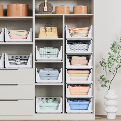 8 Pack Stackable Closet Storage Basket - Stackable Storage Bins, Multifunctional & Foldable Closet Organizer Waterproof, Wardrobe Cupboard Space-Saving Hat Storage Drawer Organizer, White - size: 8 Pack White