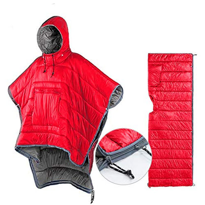 Camp Poncho Sleeping Bag Wearable Hooded Blanket - Envelope Lightweight Thermal Cloak Cape Windproof with Premium Stuff Compression Sack for Backpacking Hiking Hunting Fishing Outdoor Sport - color: Red