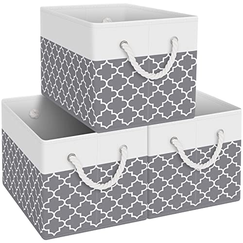 Fab totes Storage Bins 3-Pack, Foldable Storage Baskets for Organizing Toys, Books, Shelves, Closet, Large Storage Box with Rope Handles, Sturdy Organizer Bins,Clover Grey - color: Clover Grey, size: 3pack