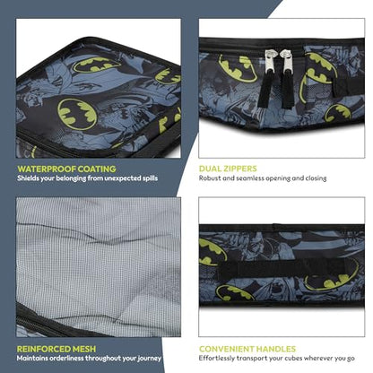 DC Comics Batman Packing Cubes - 5 Piece Travel Essentials Luggage Organizer - Suitcase Bags - Batman, Superman, Joker Cube Set for Kids, Teens Adults