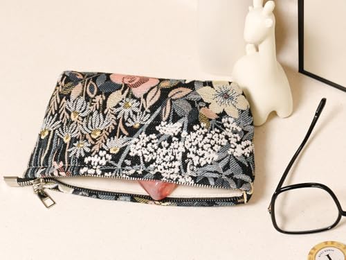 HAPPYHEIDI Cute Floral Makeup Bag Cosmetic Travel Pouch with Bottom and Zipper, Purse Make Up Organizer, Aesthetic Textured Fabric, Medium - color: Classic Black Floral Medium