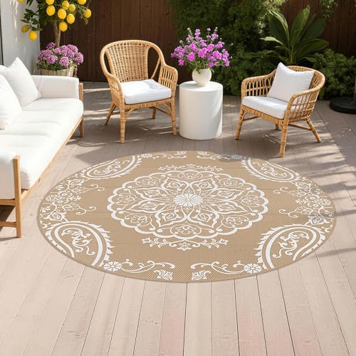 Pauwer Waterproof Outdoor Rug 6ft, Reversible Plastic Straw Patio Camping Rug, Indoor Outdoor RV Mat Carpet for Deck, Camper, Porch, Balcony, Backyard, Picnic, Boho Brown - color: Boho Brown, size: 6' (Round)