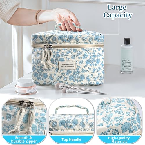 NATINSA Cute Makeup Bag for Women(2 Pcs), Travel Cosmetic Bags, Quilted Coquette Aesthetic Floral Toiletry Organizer Bag (46 - Sky Blue/4Pcs) - color: 46 - Sky Blue/4Pcs