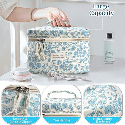 NATINSA Cute Makeup Bag for Women(2 Pcs), Travel Cosmetic Bags, Quilted Coquette Aesthetic Floral Toiletry Organizer Bag (46 - Sky Blue/4Pcs) - color: 46 - Sky Blue/4Pcs