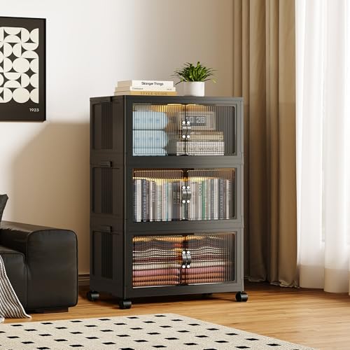 SAILUN 87Gal/348Qt Stackable Storage Bins Folding Collapsible Storage Bins with Lid, Closet Organizers and Storage, Black 26" W x 17" D x 43.7" H - color: Black, size: 1 Lid 3 Pack-26" W x 17" D x 43.7" H