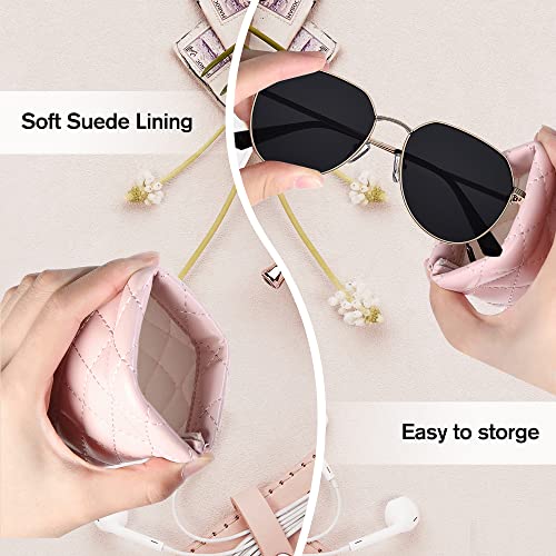 Squeeze Top Sunglass Pouch - Portable Sunglass Organizer Pouch Bags Soft PU Leather Glasses 2 Pack - color: Pink-black