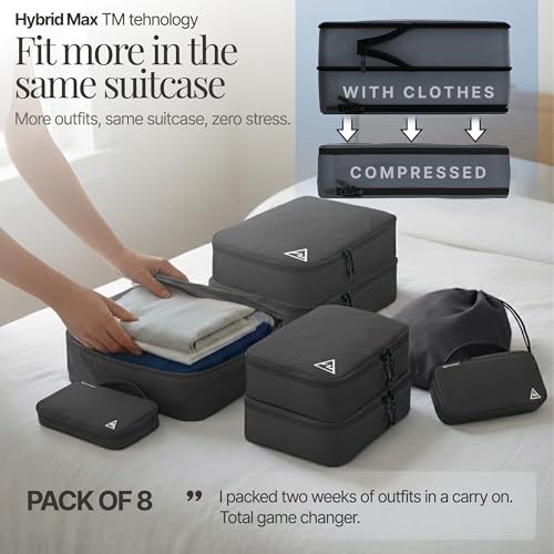 Well Traveled 8 pcs Compression Packing Bags Cubes Set with HybridMax Double-Capacity Design - Packing Cubes for Travel Compression to Maximize Limited Luggage Space, Grey - color: Grey, size: 8-piece