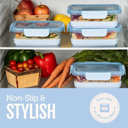 Ello Duraglass 3.4 Cup Meal Prep Sets 10Pc, 5 Pack Set- Glass Food Storage Container with Silicone Boot and Airtight BPA-Free Plastic Lids, Dishwasher, Microwave, and Freezer Safe, Halogen Blue - color: Halogen Blue with Boot