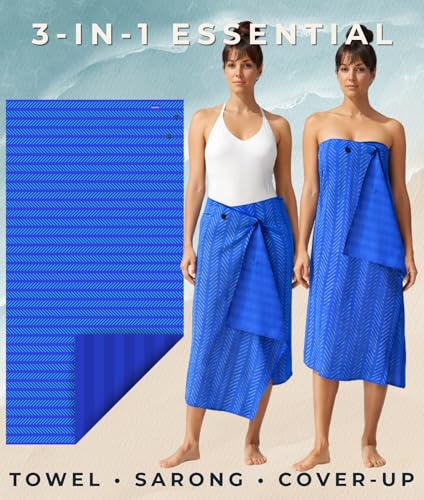3-in-1 Wearable Beach Wrap & Lightweight Travel Towel – Sarong with Secure Button Closure, Quick-Dry Sand-Free Microfiber, Adjustable Fit (64”x33”, Fits S–4X), Compact Pool & Beach Essential, Blue - color: Blue - Green Lines