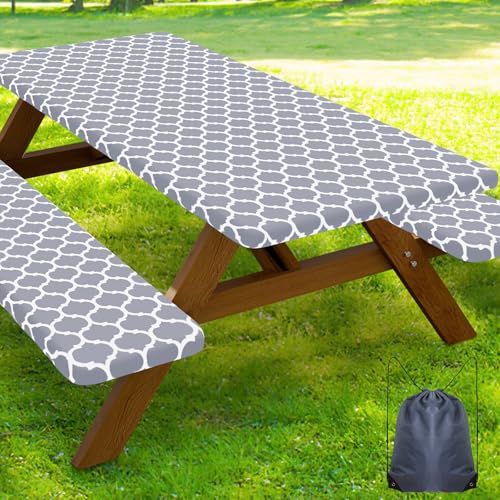Smiry Picnic Table Cover with Bench Covers, Waterproof Elastic Fitted Tablecloth for 5 Foot Tables, Washable Polyester Tablecloths for Camping, Indoor & Outdoor (Grey, 30x60 Inch 3-pc Set) - color: Grey, size: 30"x60"