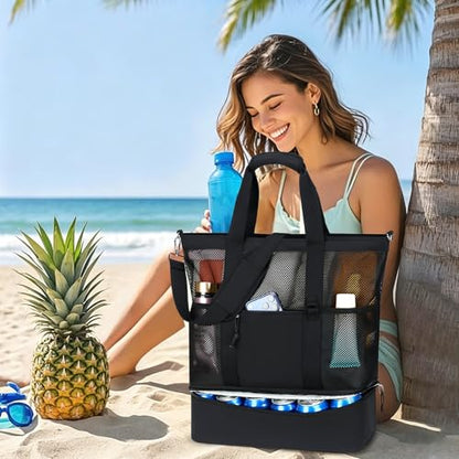 Bluboon Mesh Beach Tote Bag with Cooler Compartment Insulated Detachable Picnic Bag with Zipper and Pocket Pool Bag for Women - color: Black B