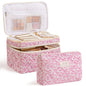 HBselect 2Pcs Travel Makeup Bag, Large Cotton Quilted Makeup Bag Cosmetic Bag Cute Make up Bag Toiletry Bags for Women Girls - color: 2PCS-FLOWER5