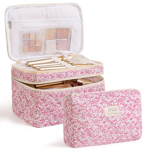 HBselect 2Pcs Travel Makeup Bag, Large Cotton Quilted Makeup Bag Cosmetic Bag Cute Make up Bag Toiletry Bags for Women Girls - color: 2PCS-FLOWER5