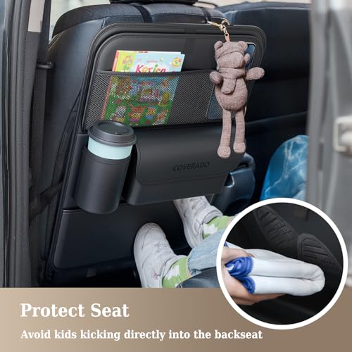 Coverado Car Backseat Organizer with Tablet Tray, Nappa Leather Organizer for Car Seat Back, Waterproof Car Seat Organizer with Touch Screen, Seat Protector Kick Mats for Kids - size: 1 Pack