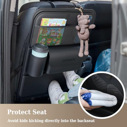 Coverado Car Backseat Organizer with Tablet Tray, Nappa Leather Organizer for Car Seat Back, Waterproof Car Seat Organizer with Touch Screen, Seat Protector Kick Mats for Kids - size: 1 Pack