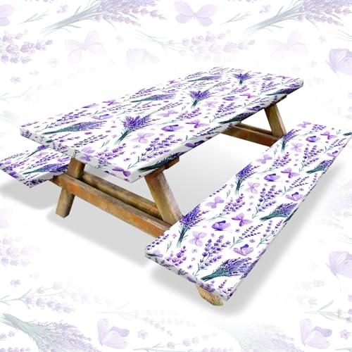 Boao 3 Pcs Vinyl Picnic Table Cover with Bench Cover 6 ft 30 x 72 Inch Waterproof Fitted Tablecloth Flannel Backing Rectangular Elastic Edged for Camping Outdoor Patio Travel(Lavender) - color: Lavender