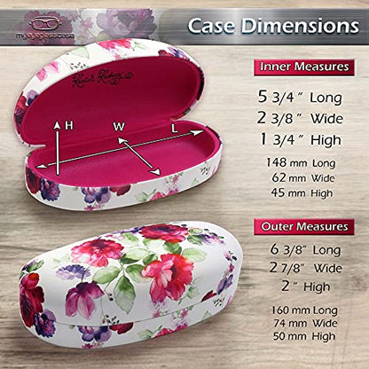 MyEyeglassCase Hard Sunglasses case - Women Glasses Case Holder - Large Durable Eyeglass Case Hard Shell with Pouch & Cloth - color: Floral Cranberry Rose