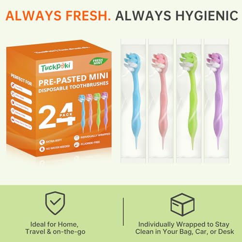 24-Pack Pre-Pasted Mini Travel Toothbrushes, Individually Wrapped Value Pack, Disposable Toothbrushes with Toothpaste, Waterless Single-Use Extra Soft Bristle for Adults, On-The-Go & Braces - size: 1 Count (Pack of 24)