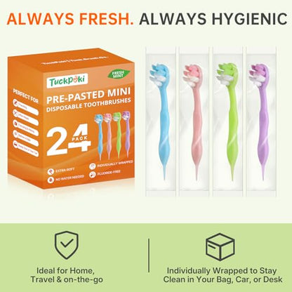 24-Pack Pre-Pasted Mini Travel Toothbrushes, Individually Wrapped Value Pack, Disposable Toothbrushes with Toothpaste, Waterless Single-Use Extra Soft Bristle for Adults, On-The-Go & Braces - size: 1 Count (Pack of 24)