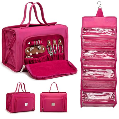 ROYALFAIR Roll Up Makeup Bag, Waterproof Toiletry Bag for Women, Hanging Travel Organizer bags with Jewelry Organizer Compartment, Extra Large 4 Clear TSA Approved Pouches Cosmetic Makeup (pink) - color: Pink