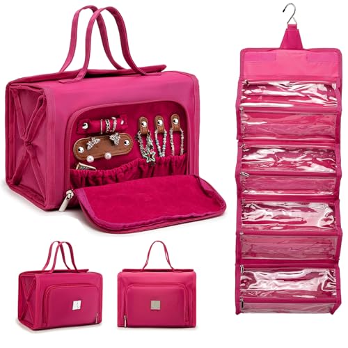 ROYALFAIR Roll Up Makeup Bag, Waterproof Toiletry Bag for Women, Hanging Travel Organizer bags with Jewelry Organizer Compartment, Extra Large 4 Clear TSA Approved Pouches Cosmetic Makeup (pink) - color: Pink