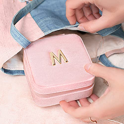 Vlando Small Travel Jewelry Box Organizer Display Case for Rings Earrings Necklaces Storage, Selected Soft Velvet, Letter M Engraved, Pink - color: b. Powder Pink M