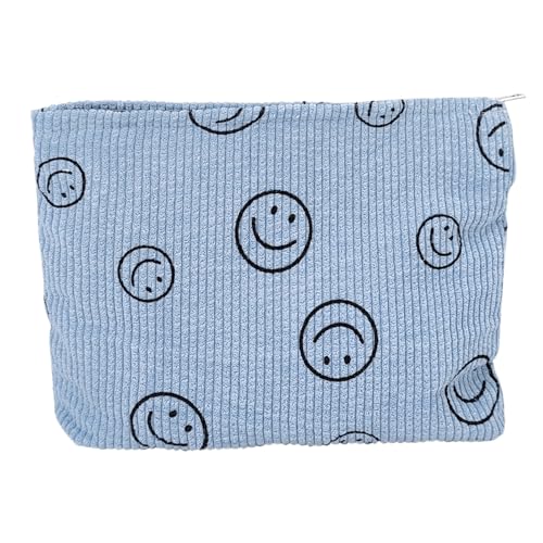 Smiley Face Makeup Bag - Cute Blue Corduroy Small Toiletry Bags for Women, Soft Mini Skincare Organizer, Small Zipper Pouch For Travel Use - color: Blue