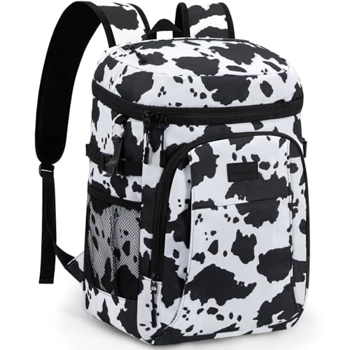 Tuwubi Cooler Backpack 35/42 Cans, Backpack Coolers Insulated Leak Proof for Men Women, Waterproof Soft Sided Lunch Camping Beach Travel Ice Chest Backpack Cooler Bag - color: Cow Print, size: Medium