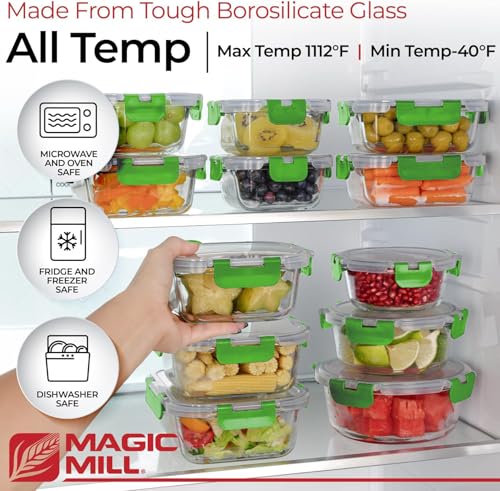 Magic Mill Premium Borosilicate Glass Food Storage Containers with lids Set | 24pc Sets with 12 Bowls & 12 Airtight Locking Lids for Lunch & Meal Prep, Safe for Oven, Freezer, Dishwasher, BPA-Free - color: Green