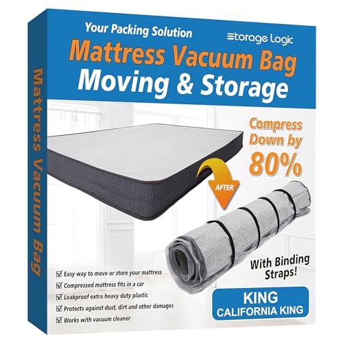 Storage Logic Foam Mattress Vacuum Bag with 4 Adjustable Packing Straps for Moving, Storage, Shipping, Vacuum Seal Mattress Bag with Packaging Straps (King/Cal-King) - size: King/California King