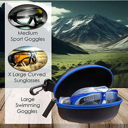 MyEyeglassCase Sports Sunglasses Case and Slim wallet Semi hard large glasses case w/belt clip soft pouch & cloth - color: B701 XL Blue/Blue
