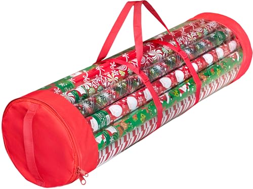 ZOBER Round Christmas Gift Wrapping Paper Organizer Storage - 40 Inch Gift Wrap Storage Containers - Wrapping Paper Holder, Clear PVC with Durable 600D Oxford Fabric, Fits 25 Standard Rolls - Red - color: Clear with Red Sides