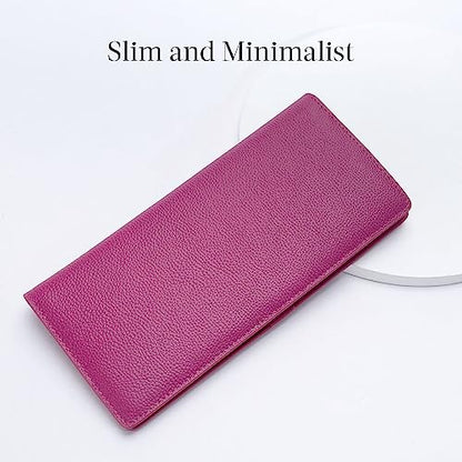 Bveyzi Ultra Slim Thin Leather RFID Blocking Credit Card Holder Bifold Clutch Wallets for Women - color: Hot Pink