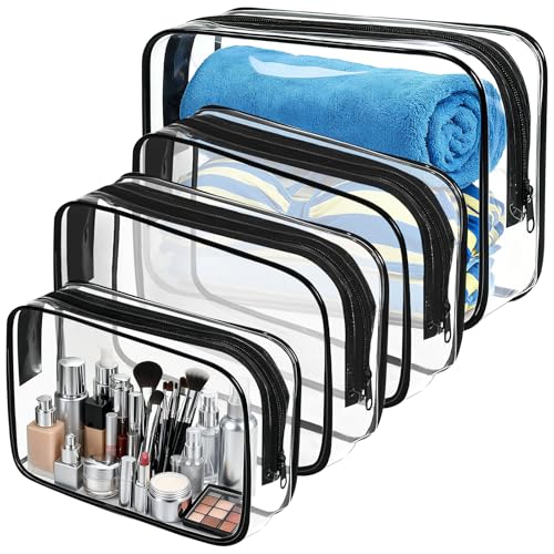 PLULON 4Pack Clear Makeup Toiletry Bag for Women Men, TSA Approved Toiletry Bag Organizer Black PVC Waterproof Clear Portable Cosmetic Pouch with Zipper for Airport Airline Compliant Travel Essentials - color: Black