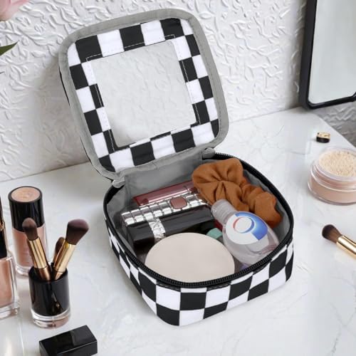 DOB SECHS Mini Checkered Bag for Purse 5.1'' x 5.1'' Small Makeup Bag for Car Cute Clear Cosmetic Bags with Zippers, Tiny Toiletry Bag Lipstick Pouch Organizer Case Travel Essentials Storage Pouches - color: Black+White Checkered