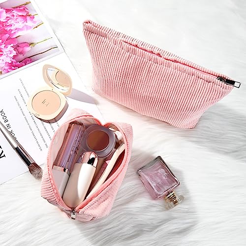 SOIDRAM 2 Pieces Makeup Bag Large Corduroy Cosmetic Bag Capacity Canvas Mix Travel Toiletry Bag Organizer Cute Makeup Brushes Aesthetic Accessories Storage Bag for Women, Corduroy Mix Pink - color: Corduroy Pink