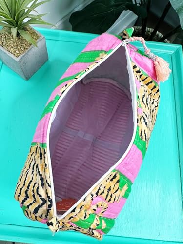 YILLE Set of 3 Pieces Block Printed Travel Organizer Kit Storage Bag for Women Makeup Bag Travel Cosmetic Bag (Pink Green Fat Tiger) - color: Pink Green Fat Tiger