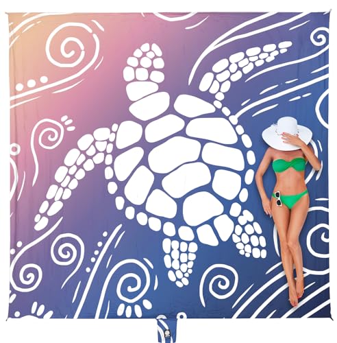 WEKAPO Beach Blanket Waterproof Sandproof Oversized Extra Large Sand Free Beach Mat with Stakes, Storage Bag - Essentials for Outdoor Beach, Picnic (Deep Blue Sea Turtle, 8 X 7 FT (1~4 Person)) - color: Deep Blue Sea Turtle, size: 8 X 7 FT (1~4 Person)