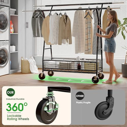 Raybee Heavy Duty Clothes Rack 630LBS, Double Rods Clothing Rack with Storage Basket, Portable Garment Rack for Heavy Clothes, Extendable & Adjustable, Bedroom, Closet, Commercial, Black - color: Black, style: Double Rods