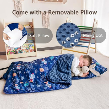 Primlect Toddler Nap Mat with Removable Pillow and Fleece Blanket, Extra Large 55''x35'' Sleeping Bag, Washable, Light, Easy to Roll up, Perfect for Daycare, Preschool, Kindergarten, Travel - color: Space Ship