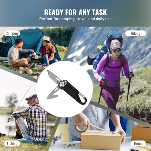 TACRAY Vinto 5-in-1 Small Pocket Knife – Ultra-Light Compact Multitool with Utility Knife, Seatbelt Cutter, Bottle Opener, Flathead Screwdriver & Keyring Attachment for Everyday Carry (Black) - color: Black